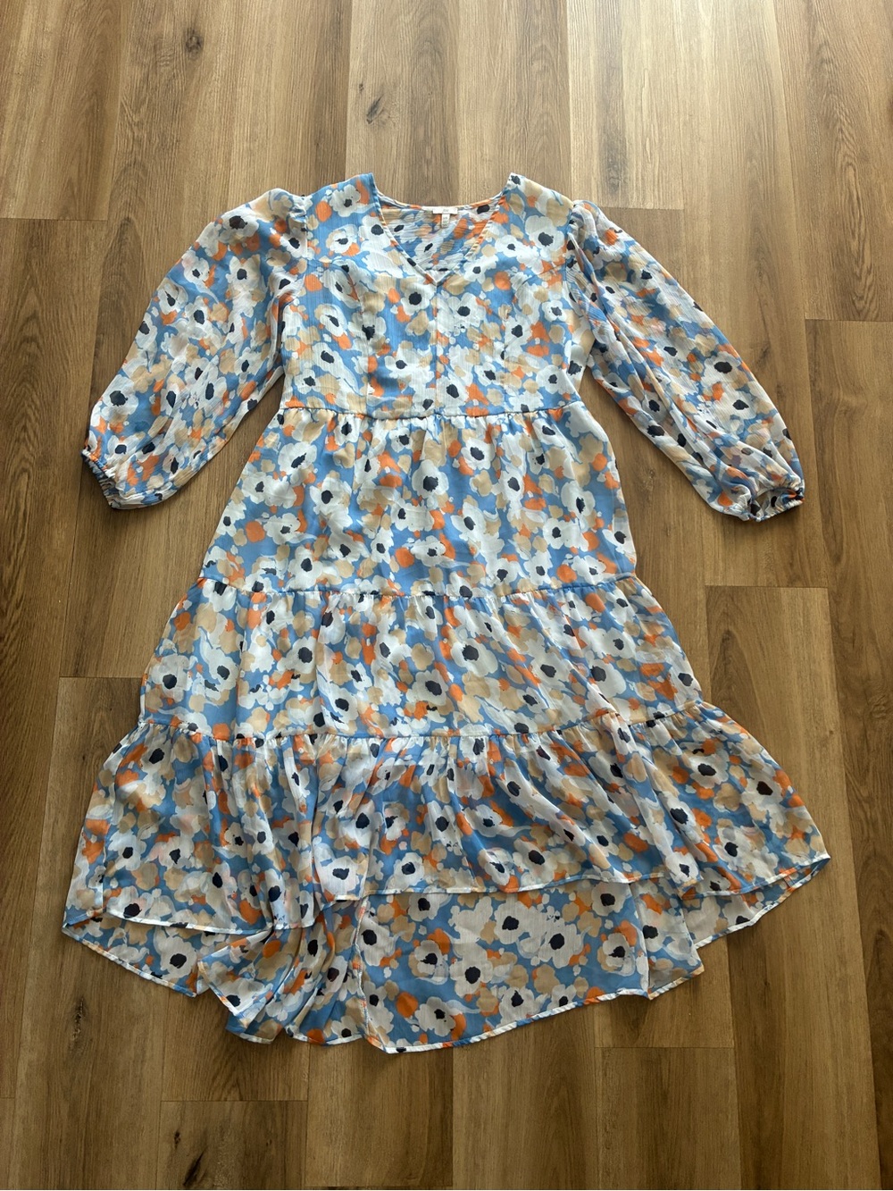 Joie Floral Fields Blue Orange Tiered High-Low Maxi Dress Size Large